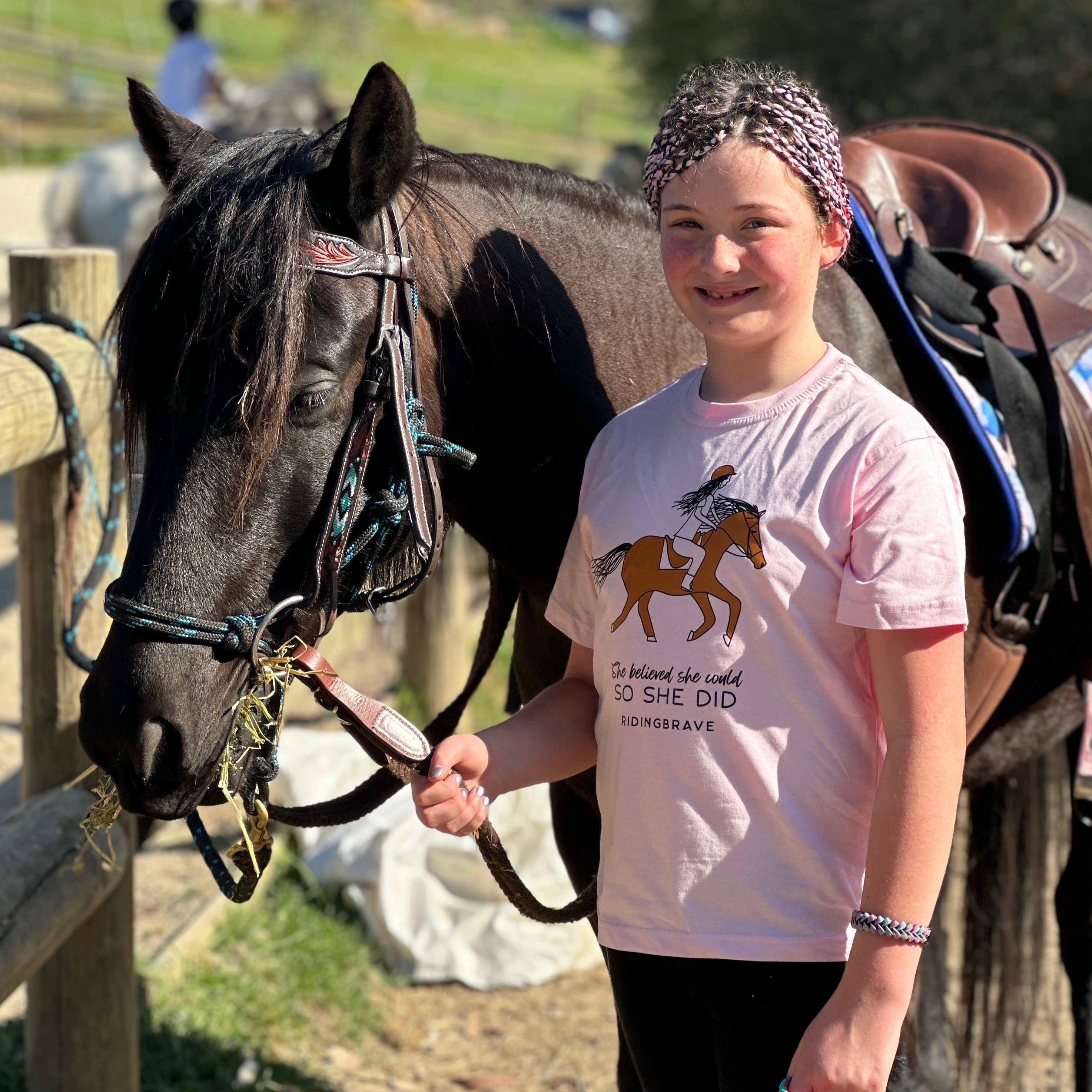 GIRL STANDING NEXT TO HORSE WITH A LOVE AT FIRST SIGHT T SHIRT ON